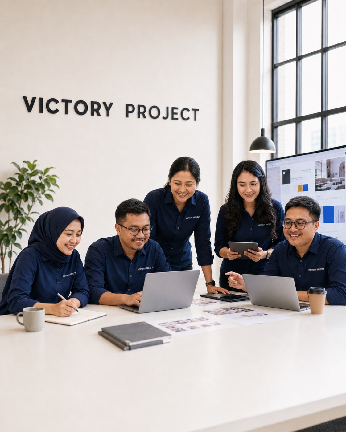 Tim Victory Project sedang berdiskusi di kantor
